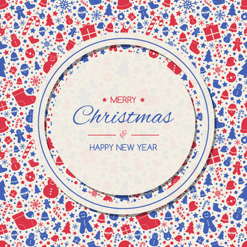 Christmas greeting card with text and festive pattern. Xmas decoration. Vector
