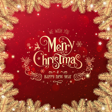 Gold Christmas and New Year Text on red Xmas background with gold fir branches, light, stars, bokeh. Merry Christmas and Xmas card. Happy New Year, top view, realistic vector