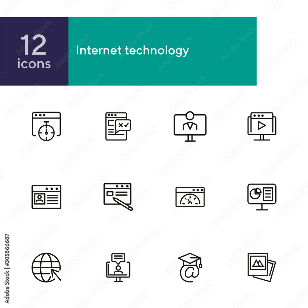 Poster internet technology line icon set. browser window, computer, app. information technology concept. ca