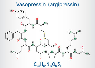Vasopressin, arginine vasopressin AVP or argipressin molecule. It is antidiuretic hormone ADH synthesized as a peptide prohormone in neurons in the hypothalamus. Structural chemical formula