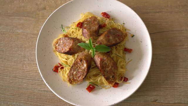 Stir-Fried Spaghetti with Sai Aua (Notrhern Thai Spicy Sausage)