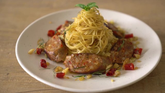 Stir-Fried Spaghetti with Sai Aua (Notrhern Thai Spicy Sausage)