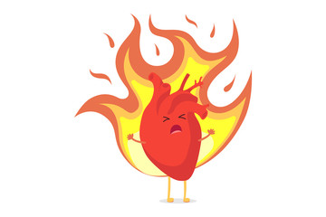 Cartoon heart character burning with passion love and suffering from unrequited feelings. Human internal organ in flame. Conceptual romantic symbol vector illustration