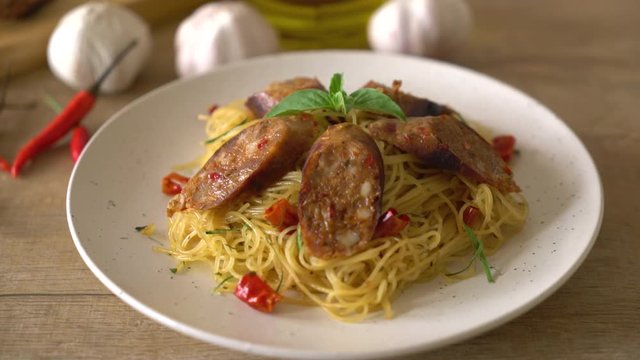 Stir-Fried Spaghetti with Sai Aua (Notrhern Thai Spicy Sausage)