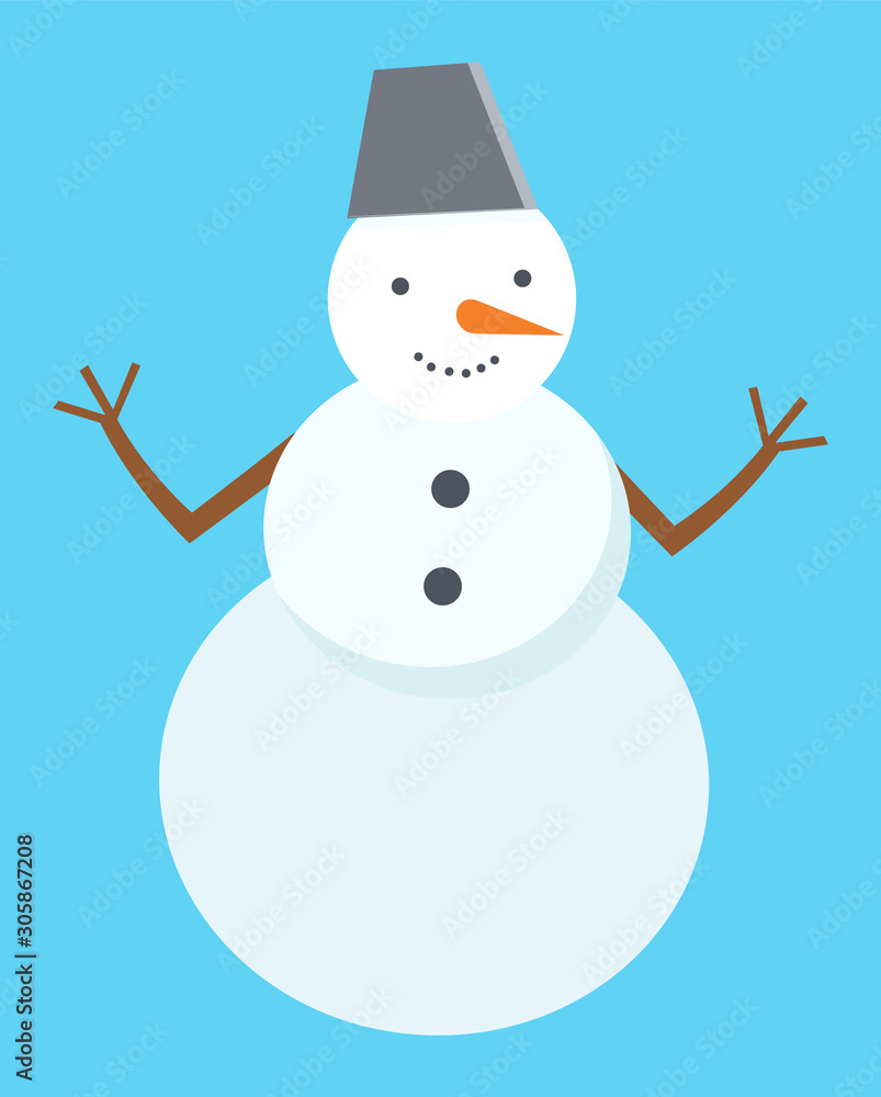Poster happy snowman alone on blue. alive unreal character from three snowballs and dressed in bucket. nose