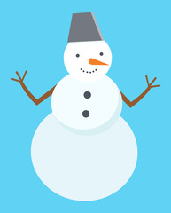 Happy snowman alone on blue. Alive unreal character from three snowballs and dressed in bucket. Nose on face made from thin carrot. Holiday outside decoration for christmas. Vector in flat style
