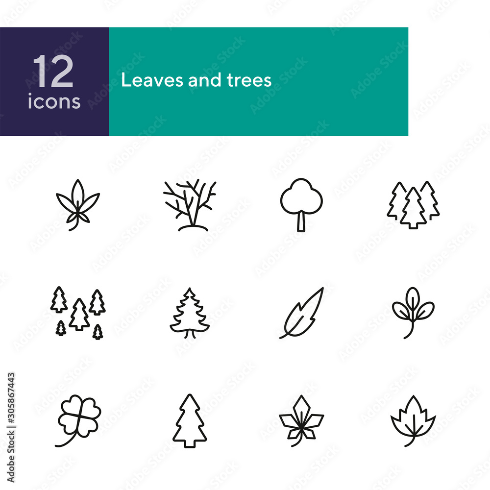 Poster leaves and trees line icon set. set of line icons on white background. nature concept. leaf, tree, f