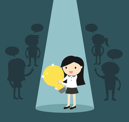 Business concept, Business woman standing alone in spotlight while holding big light bulb. Vector illustration.