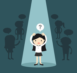 Business concept, Business woman standing alone in spotlight and feeling confused. Vector illustration.