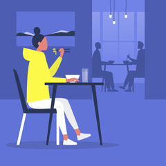 Fototapeta na wymiar Young female character eating noodles with chopsticks inside a modern oriental restaurant, millennial lifestyle, eating out
