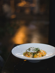 shrimp dish with poach egg