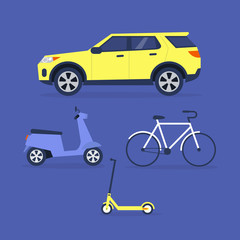 A collection of city vehicles: car, motorbike, electric scooter, bicycle