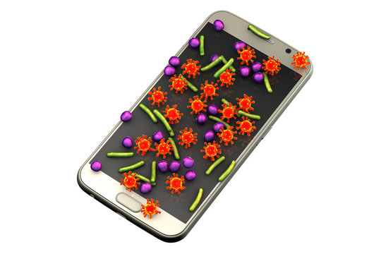 Microbial contamination of a mobile phone, smartphone, conceptual image, 3D illustration
