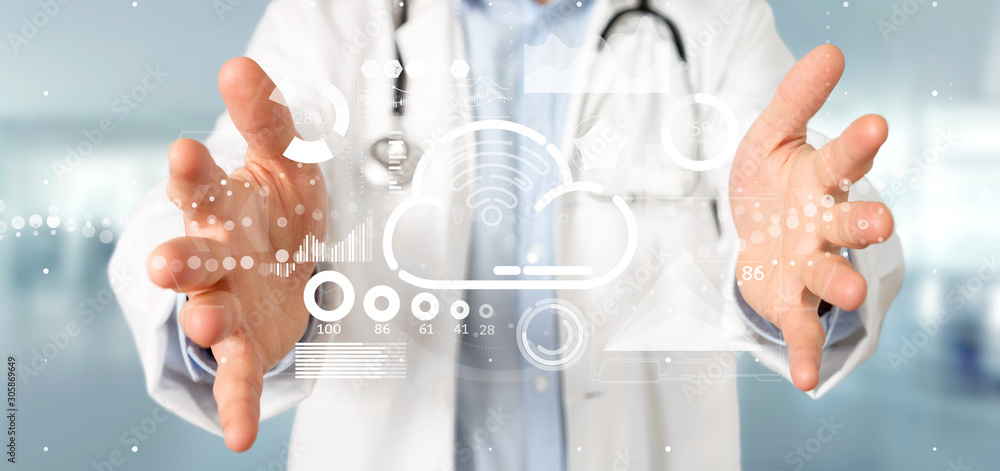 Poster doctor holding cloud and wifi concept with icon, stats and data 3d rendering
