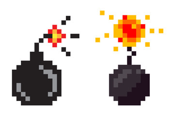 Obraz premium Pixel game icons vector, isolated bombs with fire. Graphics of retro gaming, flat style of weapon with flames, destruction and danger explosive substance