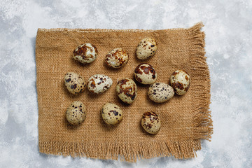 Quail eggs on a white-grey concrete  background