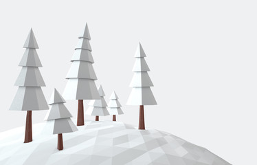 Conceptual polygonal winter pine trees in a low poly style. Template for banner, poster, flyer, cover, brochure, magazine page, etc.. 3D illustration