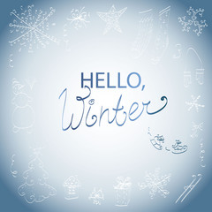 Fototapeta na wymiar Hello winter vector hand written lettering on blue background with doodle winter elements