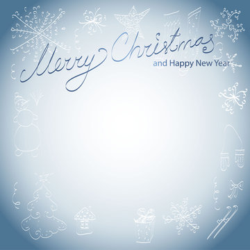 Circle vector merry christmas and happy new year frame - card template in blue color with snowflakes in doodle style