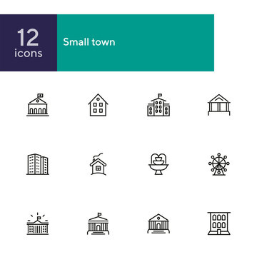 Small town line icon set. School, apartment building, house. Architecture concept. Vector illustration can be used for topics like building, town, construction
