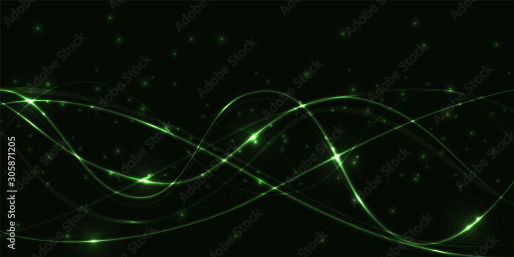 Poster dark abstract background with green translucent luminous lines and highlights. vector illustration e
