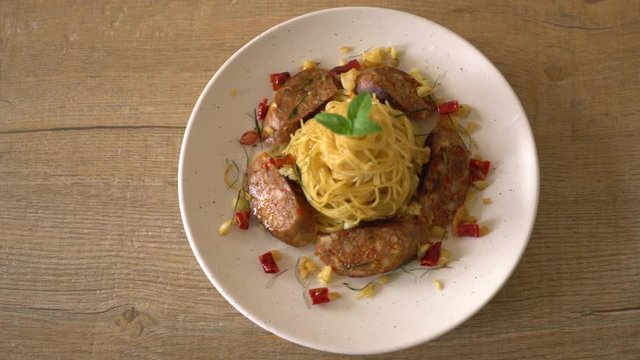 Stir-Fried Spaghetti with Sai Aua (Notrhern Thai Spicy Sausage)