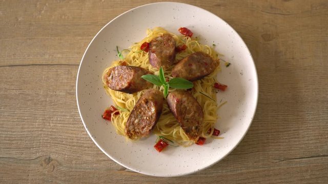 Stir-Fried Spaghetti with Sai Aua (Notrhern Thai Spicy Sausage)