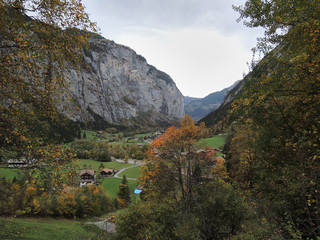 Autumn in Stechelberg in the Lauterbrunnen Valley. Bernese Oberland Switzerland