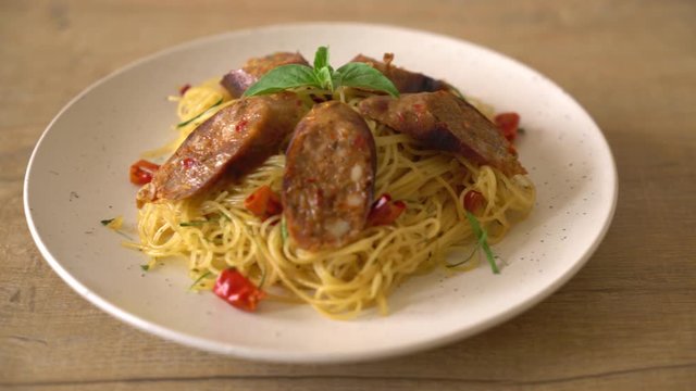 Stir-Fried Spaghetti with Sai Aua (Notrhern Thai Spicy Sausage)
