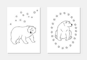 vector wild animal bear smiling with stars card illustration on white coloring book