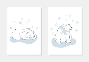 vector wild animal polar bear sleeping smiling with stars card illustration on white