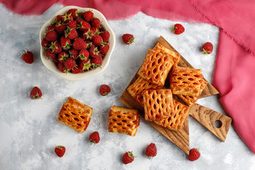Sweet delicious raspberry cookies with ripe raspberries,top view
