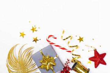 Christmas background with herringbone and decor. Top view with space for copy on a white background.