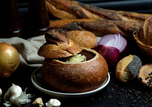 french onion soup in crusty bread bowl