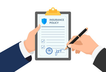 Insurance agent hand holding clipboard with policy form and businessman signs agreement protection document. Make deal protection compensation contract vector illustration