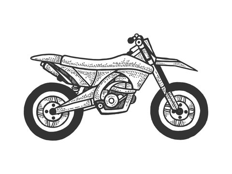 Motocross off road motorcycle sketch engraving vector illustration. T-shirt apparel print design. Scratch board imitation. Black and white hand drawn image.
