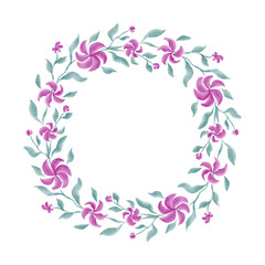 Fototapeta na wymiar Pink violet floral hand drawn watercolor wreath celebration / wedding / save the date frame border