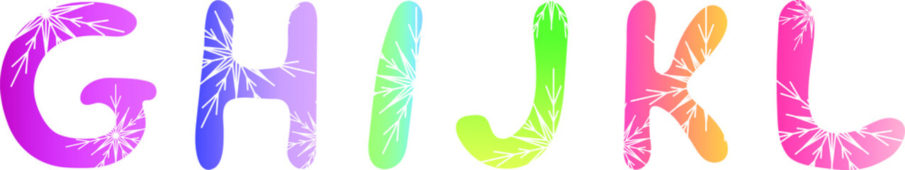 Winter colorful gradient font with snowflakes: G, H, I, J, K, L letters. Vector graphics, vector illustration