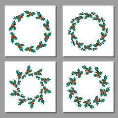 Christmas wreath set. Doodle Holly branch border. Winter holiday symbol, traditional New Year decoration. Design for poster, banner or invitation cards. Vector illustration