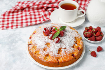 Simple cake with powdered sugar and fresh raspberries on a light background. Summer berry dessert.