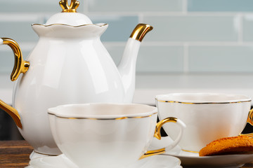 Close up photo of porcelain dishware for tea - obrazy, fototapety, plakaty