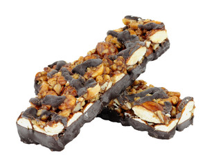 Dark chocolate and almond nut bars isolated on a white background