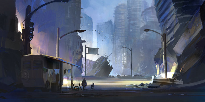 The surviving human beings in the abandoned city, digital illustration.