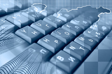 Keyboard, buildings and map