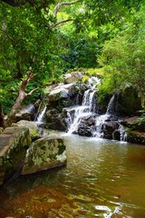 Naklejka na ściany i meble Nature Tropical Waterfall Lanscape with foliage and stones