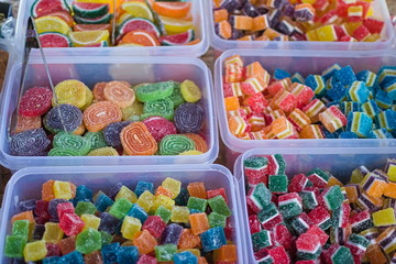 closeup of colorful fruit jelly candy on display