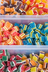 closeup of colorful fruit jelly candy on display