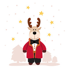 Christmas and new year card with bright deer in jacket and bow tie on white background with stars and christmas tree. Vector illustration