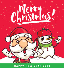 Merry Christmas! Christmas Santa Claus and snowman with Christmas lettering holiday greeting  - Vector character
