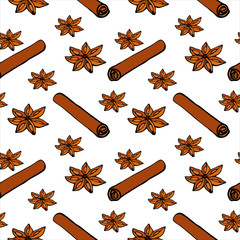 Seamless pattern with cinnamon rolls and stars anise. Hand drawn endless texture. Perfect for wallpaper, gift paper, textiles, patterns, greeting card design.